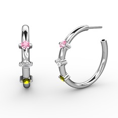 Peridot, beyaz zirkon ve pembe kuvars 14 ayar beyaz altın küpe