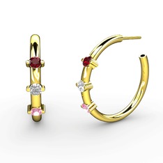 Pembe kuvars, beyaz zirkon ve garnet 14 ayar altın küpe