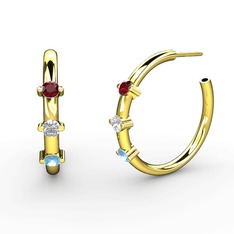 Akuamarin, pırlanta ve garnet 14 ayar altın küpe (0.22 karat)