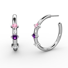Swarovski, ametist ve pembe kuvars 14 ayar beyaz altın küpe