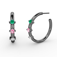 Lita Halka Küpe - Swarovski, pembe kuvars ve kök zümrüt 925 ayar siyah rodyum kaplama gümüş küpe #fo3pax