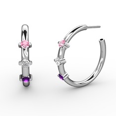 Ametist, beyaz zirkon ve pembe kuvars 14 ayar beyaz altın küpe