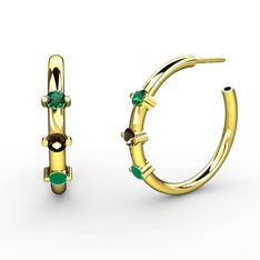 Kök zümrüt, dumanlı kuvars ve yeşil kuvars 8 ayar altın küpe