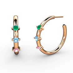 Pembe kuvars, akuamarin ve kök zümrüt 925 ayar rose altın kaplama gümüş küpe