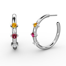 Pırlanta, rodolit garnet ve sitrin 18 ayar beyaz altın küpe (0.22 karat)