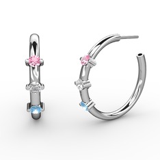 Akuamarin, beyaz zirkon ve pembe kuvars 14 ayar beyaz altın küpe