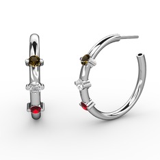 Garnet, pırlanta ve dumanlı kuvars 14 ayar beyaz altın küpe (0.22 karat)