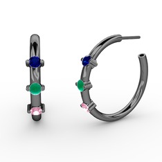 Lita Halka Küpe - Pembe kuvars, kök zümrüt ve lab safir 925 ayar siyah rodyum kaplama gümüş küpe #zsz490