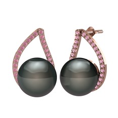 Aya İnci Küpe - Siyah inci ve pembe kuvars 925 ayar rose altın kaplama gümüş küpe #100ddld