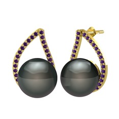 Aya İnci Küpe - Siyah inci ve ametist 8 ayar altın küpe #187a9pt