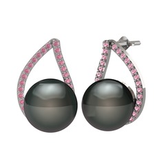 Aya İnci Küpe - Siyah inci ve pembe kuvars 8 ayar beyaz altın küpe #1mlv2wm