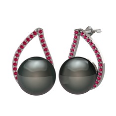 Aya İnci Küpe - Siyah inci ve rodolit garnet 925 ayar gümüş küpe #1pgmmam