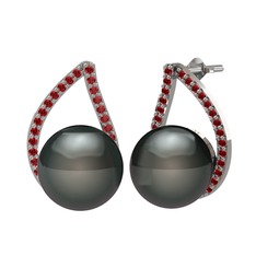 Siyah inci ve garnet 14 ayar beyaz altın küpe