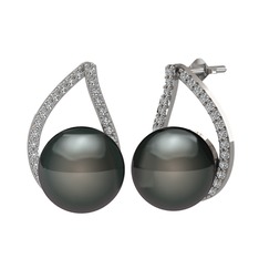 Aya İnci Küpe - Siyah inci ve swarovski 18 ayar beyaz altın küpe #pwajit