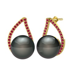 Siyah inci ve rodolit garnet 18 ayar altın küpe