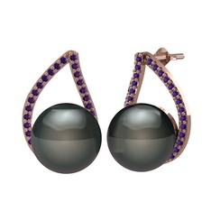 Aya İnci Küpe - Siyah inci ve ametist 8 ayar rose altın küpe #vf8rdp