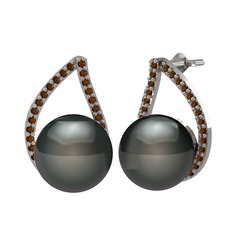 Siyah inci ve dumanlı kuvars 14 ayar beyaz altın küpe