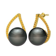 Siyah inci ve sitrin 18 ayar altın küpe