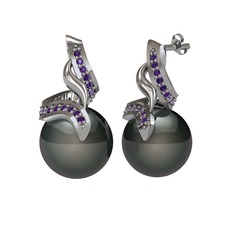 Siyah inci ve ametist 14 ayar beyaz altın küpe