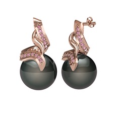 Kraliyet İnci Küpe - Siyah inci ve pembe kuvars 8 ayar rose altın küpe #974lo4