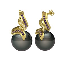 Kraliyet İnci Küpe - Siyah inci ve ametist 8 ayar altın küpe #c3egc7