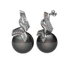 Siyah inci ve beyaz zirkon 14 ayar beyaz altın küpe