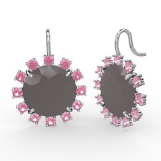 Pembe kuvars ve füme akrilik 18 ayar beyaz altın küpe