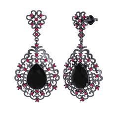 Dalila Küpe - Siyah zirkon ve rodolit garnet 925 ayar siyah rodyum kaplama gümüş küpe #13teggr