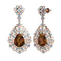 Dumanlı kuvars ve akuamarin 14 ayar rose altın küpe