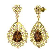 Dumanlı kuvars ve pembe kuvars 14 ayar altın küpe