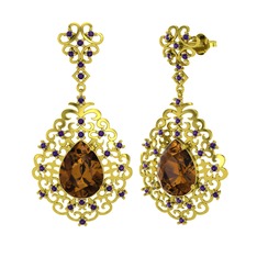 Dumanlı kuvars ve ametist 8 ayar altın küpe