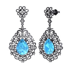 Akuamarin ve swarovski 925 ayar siyah rodyum kaplama gümüş küpe