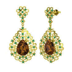 Dumanlı kuvars ve kök zümrüt 8 ayar altın küpe