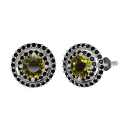 Peridot ve siyah zirkon 18 ayar beyaz altın küpe