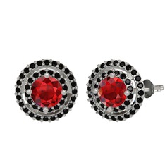 Garnet ve siyah zirkon 14 ayar beyaz altın küpe