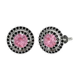 Pembe kuvars ve siyah zirkon 8 ayar beyaz altın küpe