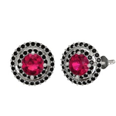 Rodolit garnet ve siyah zirkon 14 ayar beyaz altın küpe