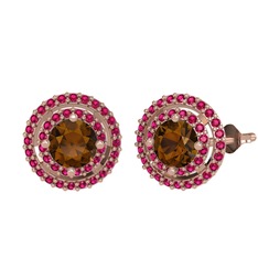 Dumanlı kuvars ve rodolit garnet 14 ayar rose altın küpe