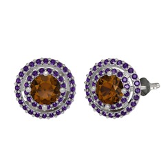 Dumanlı kuvars ve ametist 18 ayar beyaz altın küpe