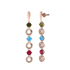 Peridot, akuamarin ve rodolit garnet 18 ayar rose altın küpe