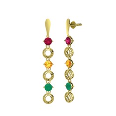 Rodolit garnet, sitrin ve kök zümrüt 14 ayar altın küpe