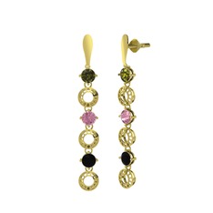 Peridot, pembe kuvars ve siyah zirkon 18 ayar altın küpe