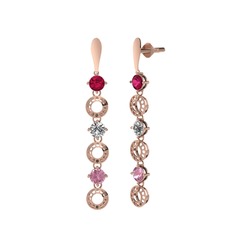Rodolit garnet, swarovski ve pembe kuvars 18 ayar rose altın küpe