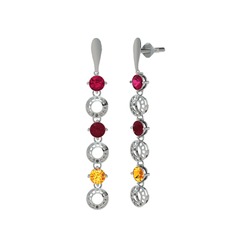 Rodolit garnet, kök yakut ve sitrin 8 ayar beyaz altın küpe