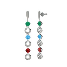 Kök zümrüt, akuamarin ve garnet 8 ayar beyaz altın küpe