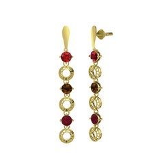 Garnet, dumanlı kuvars ve kök yakut 8 ayar altın küpe