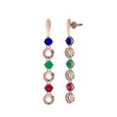 Lab safir, kök zümrüt ve rodolit garnet 14 ayar rose altın küpe
