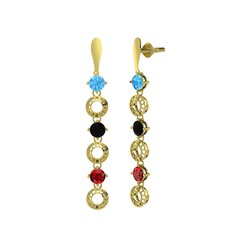Akuamarin, siyah zirkon ve garnet 14 ayar altın küpe