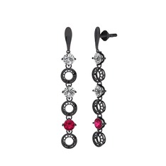 Beyaz zirkon, swarovski ve rodolit garnet 925 ayar siyah rodyum kaplama gümüş küpe