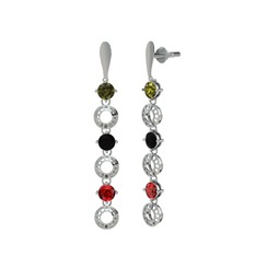 Peridot, siyah zirkon ve garnet 8 ayar beyaz altın küpe